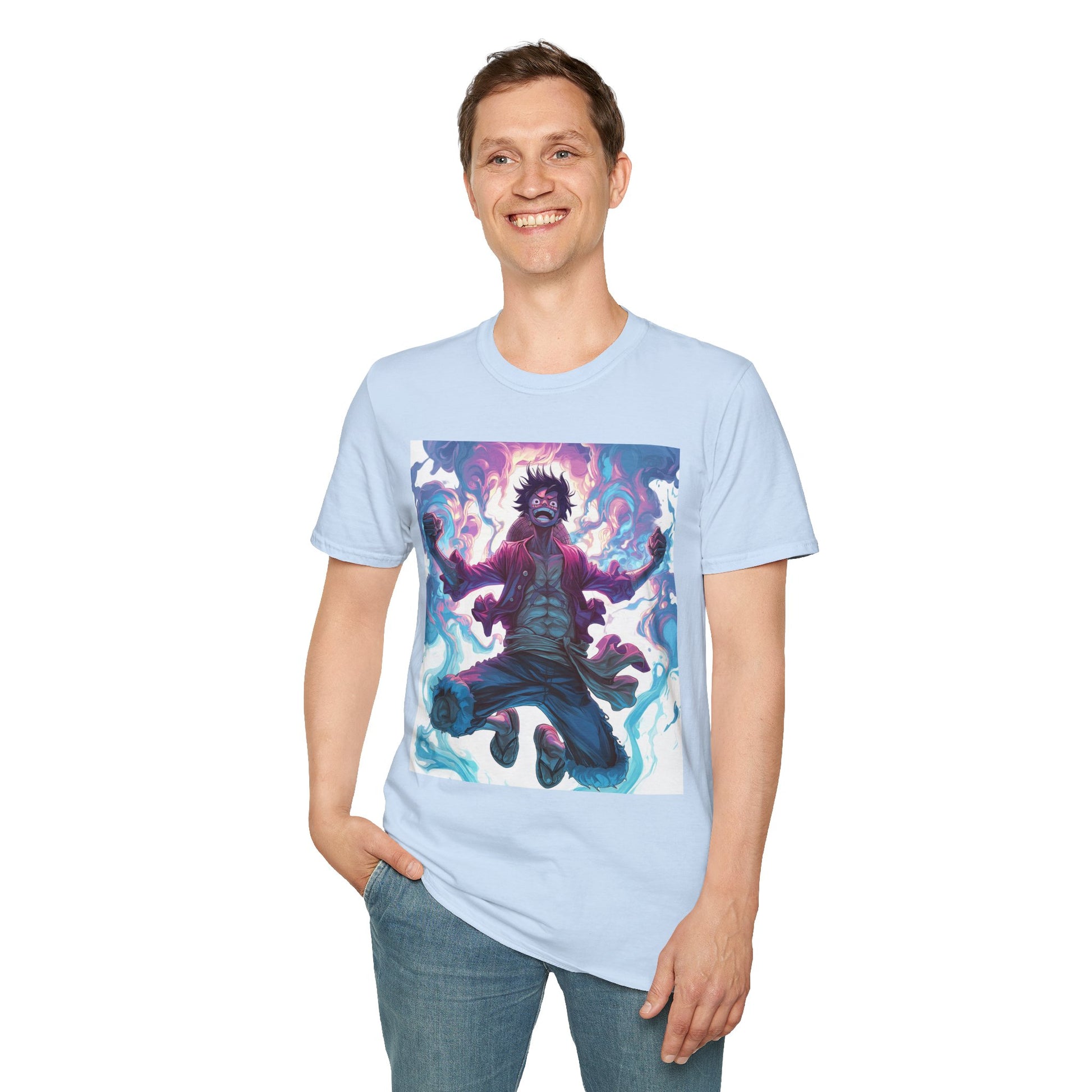 Luffy Pirate King Tee -  one piece luffy pirate king anime shirt graphic tee unisex King of the Pirates Tee – Luffy mid-air with red shirt, fists clenched and cosmic energy
