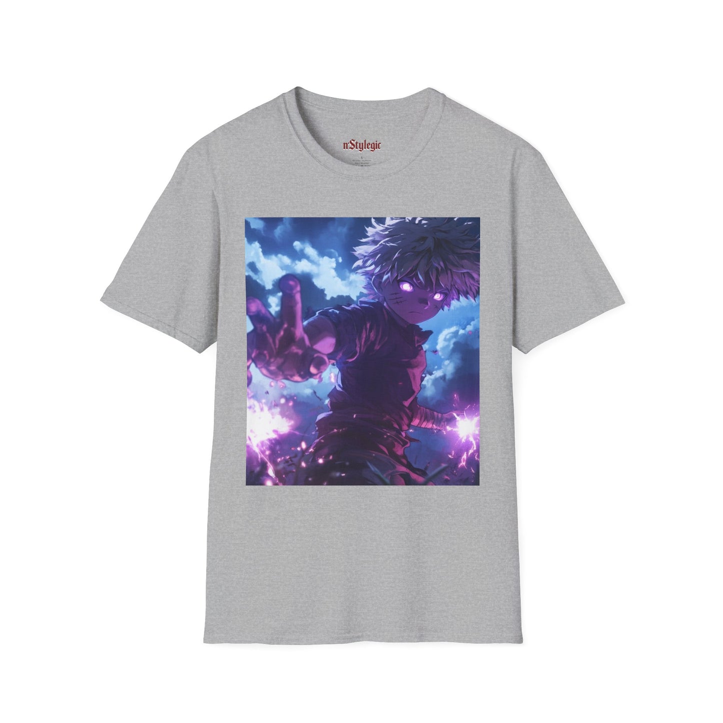 Killua Voltage Anime Tee -  hunter x hunter killua anime shirt graphic tee unisex Killua Voltage Tee – Killua Zoldyck mid-lightning strike with glowing eyes and stormy backdrop
