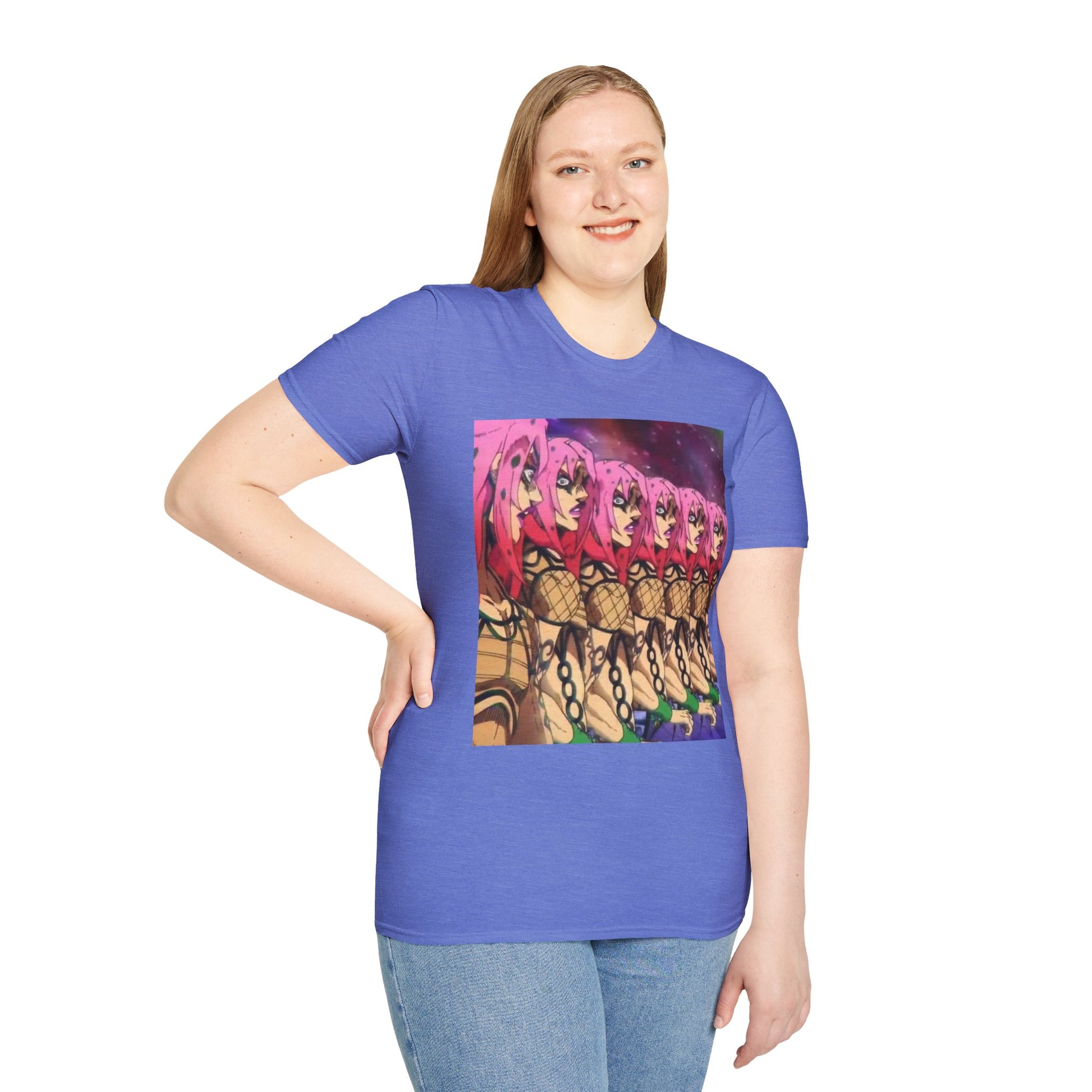 Diavolo Infinite Loop Tee -  jojo diavolo king crimson anime shirt graphic tee unisex Diavolo Death Loop Tee – Diavolo caught in cosmic loop with pink hair and cryptic tattoos